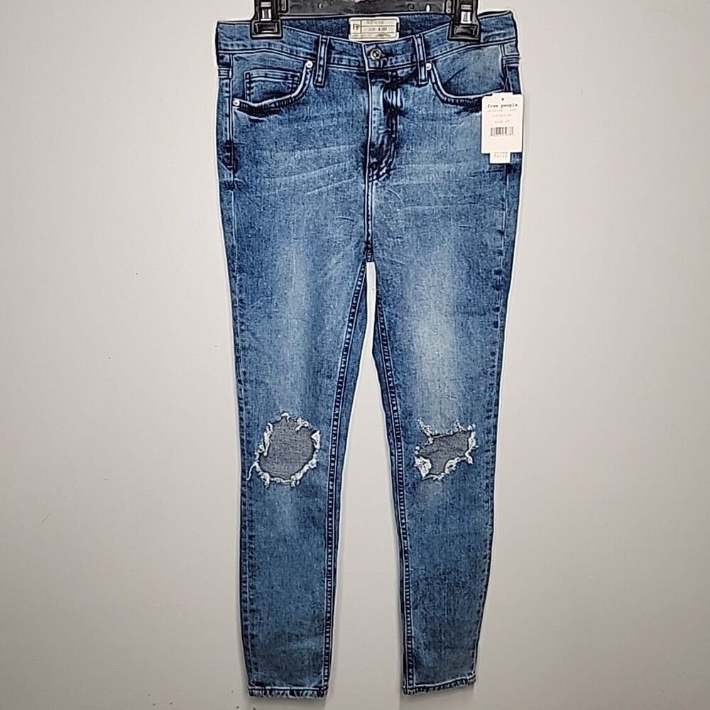 NWT Free People Womens Jeans Size 28 High Rise Busted Knee Skinny Jeans Blue 28
